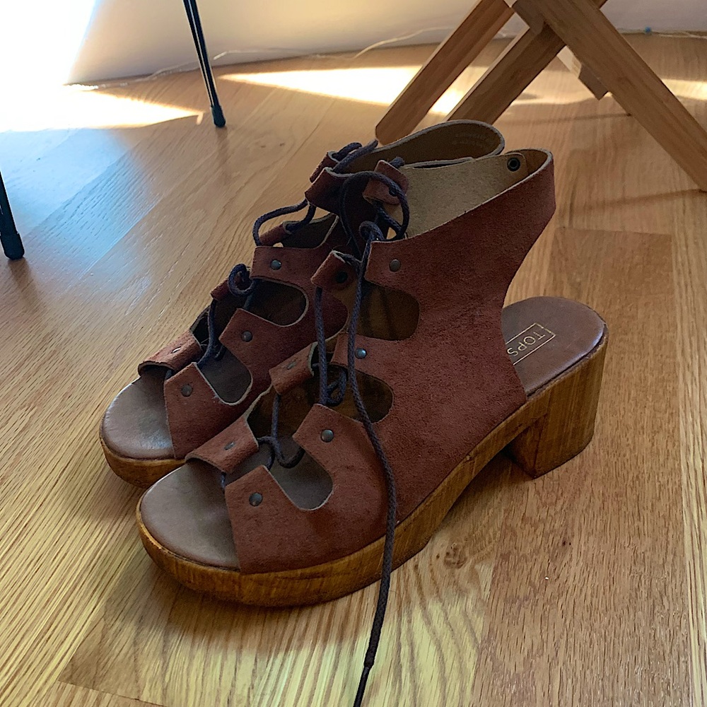 Topshop wooden laceup platform heels, size 8